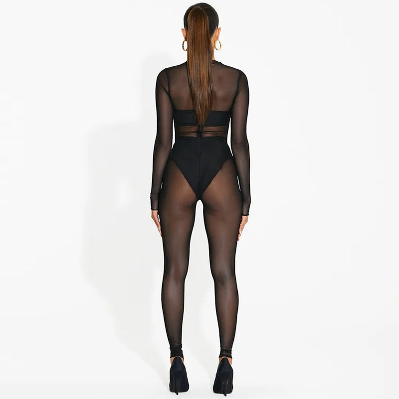 Long-sleeved mesh trousers ins new women's sexy see-through jumpsuit