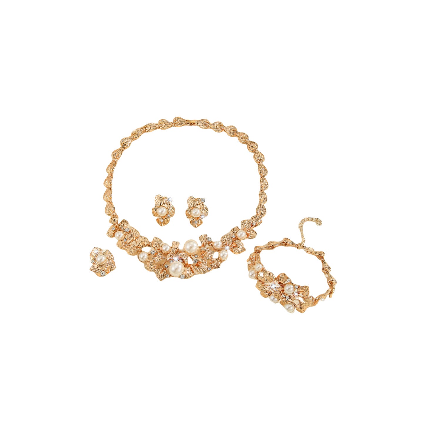 Imitation Pearl Hollow Flower Necklace Earrings Set Ladies Bridal Banquet Jewelry Set - kavyachic