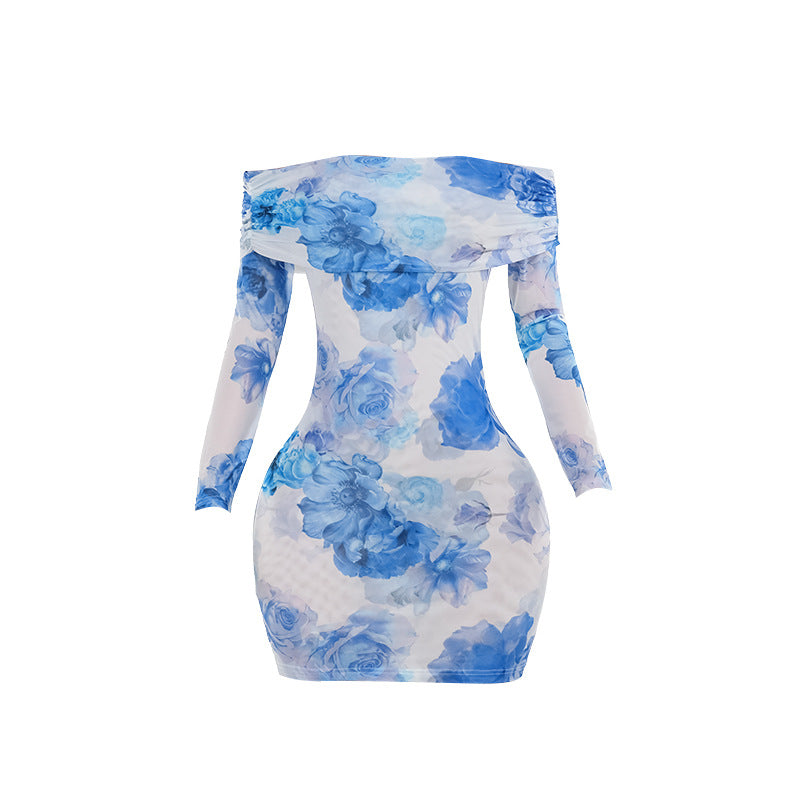 Celebrity temperament sexy slim print long-sleeved dress women
