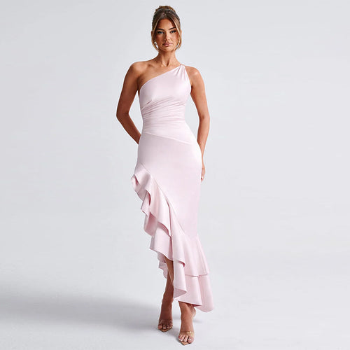 Celebrity style fashion temperament sexy slim streamer slanted shoulder dress long dress women