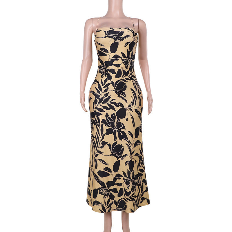 Printed sexy big halter suspender dress for women