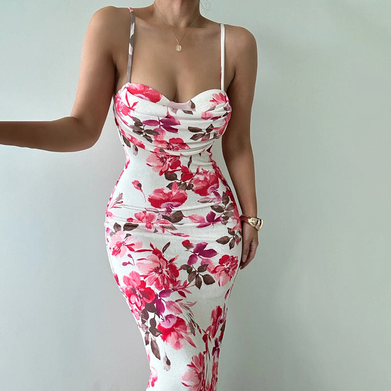 Fashion Printed Pocket Collar Suspender Dress