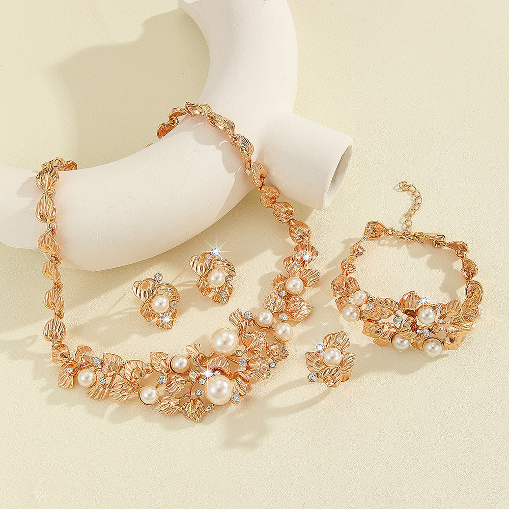 Imitation Pearl Hollow Flower Necklace Earrings Set Ladies Bridal Banquet Jewelry Set - kavyachic