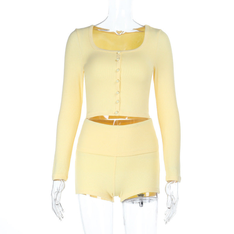 U-neck long-sleeved top and shorts set 2025 summer new street sexy solid color long-sleeved
