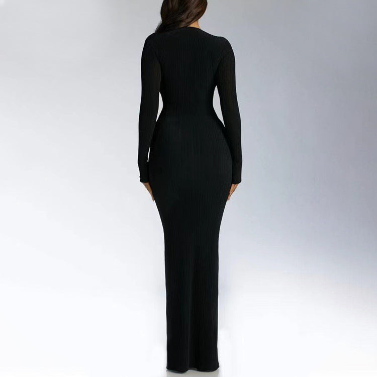 Plunging Neckline Long - Sleeve Maxi Dress: Bold Elegance