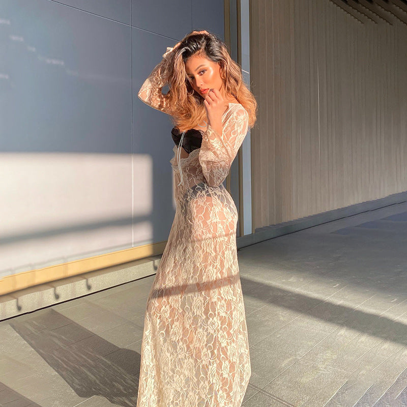 Summer new lace perspective U-neck lace decorative straps wear long-sleeved dress on both sides