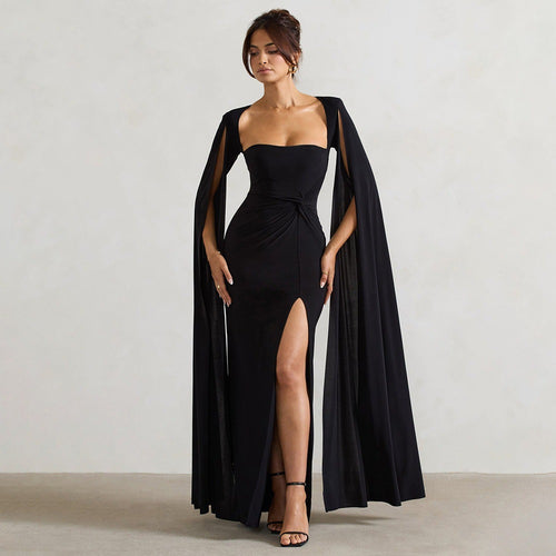 Cape - Sleeve Maxi Dress: Royal Elegance for Special Occasions