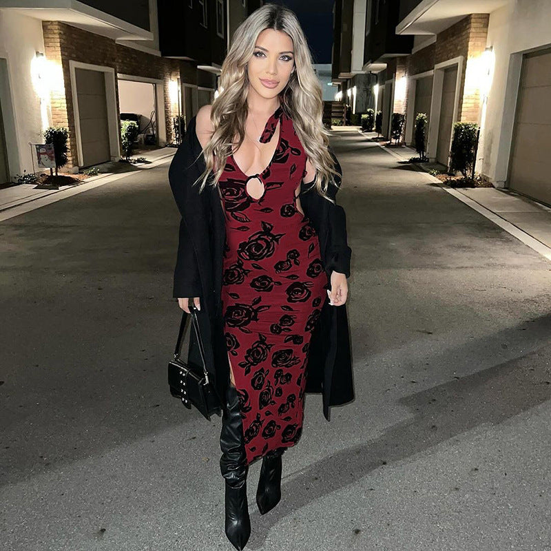 Sexy deep V-neck rose print halter dress for women's European and American spice girls fashion slim-fitting split-ended long dress