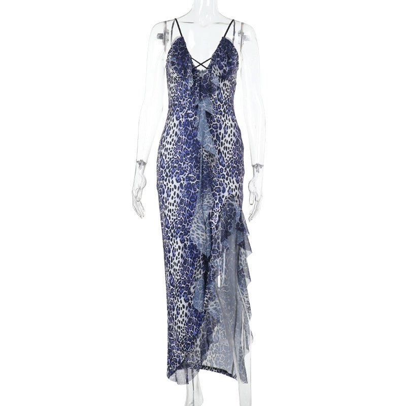 Suspender Leaky Back Sexy Leopard Print Dress Split Split Swing Neck Tie Slim Fit Long Dress