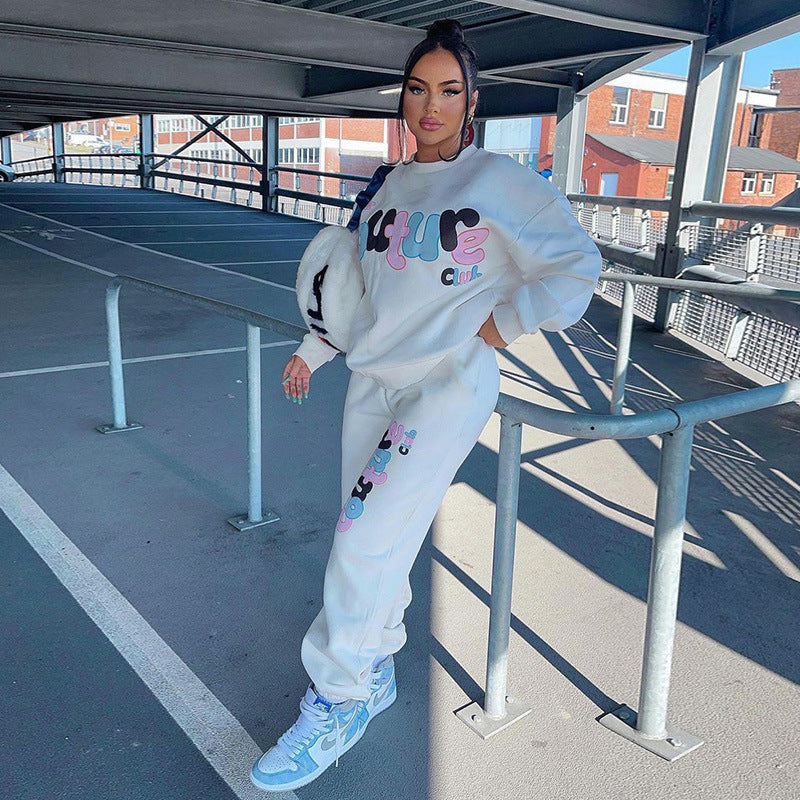 Casual Versatile Alphabet English Printed Sweater Sweatpants Suit Women