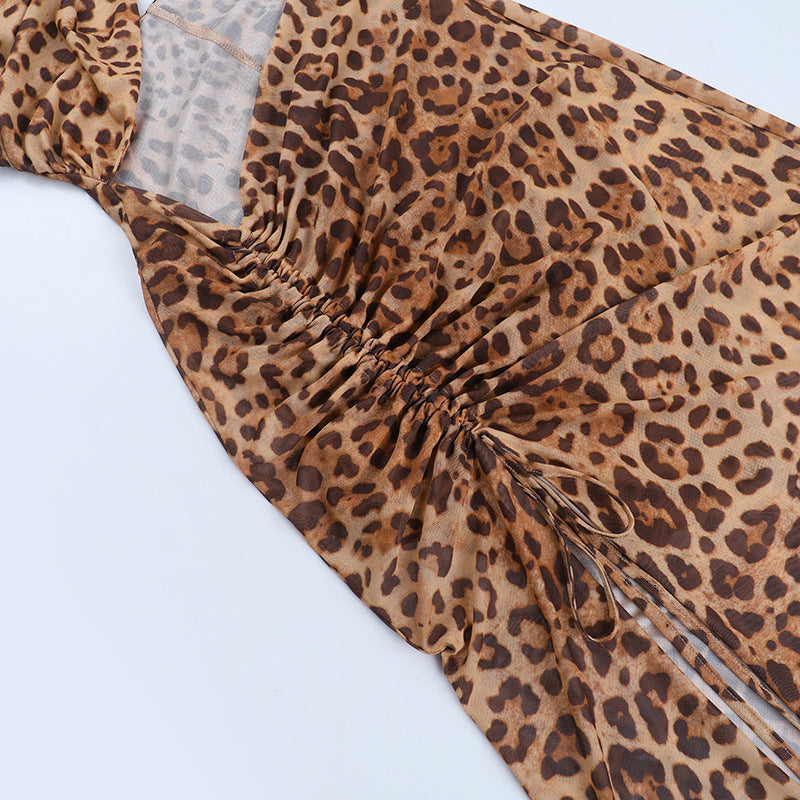 Leopard print hollow neck split printing dress vacation wind beach party dress