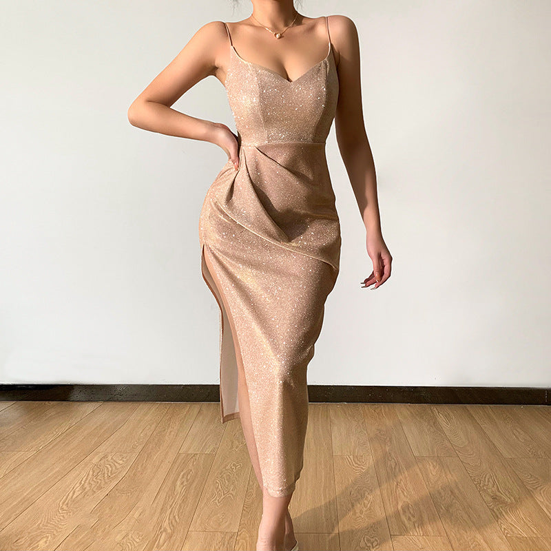 Summer new glitter sexy deep V suspender dress split temperament long dress women