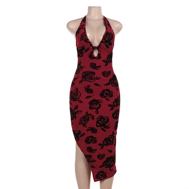 Sexy deep V-neck rose print halter dress for women's European and American spice girls fashion slim-fitting split-ended long dress