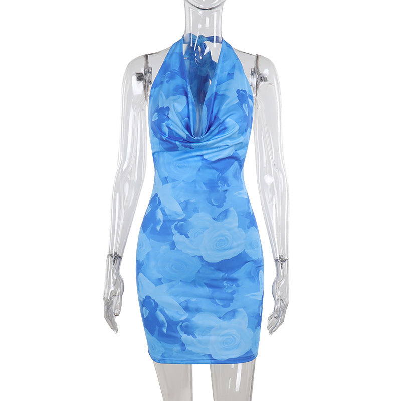 Celebrity temperament sexy slim neck pocket collar printed hip skirt