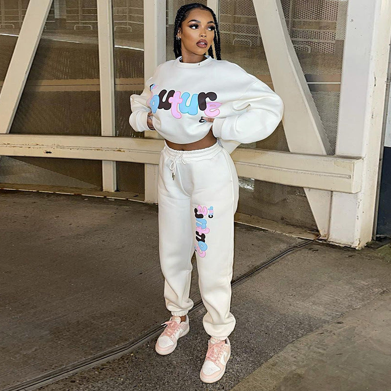 Casual Versatile Alphabet English Printed Sweater Sweatpants Suit Women
