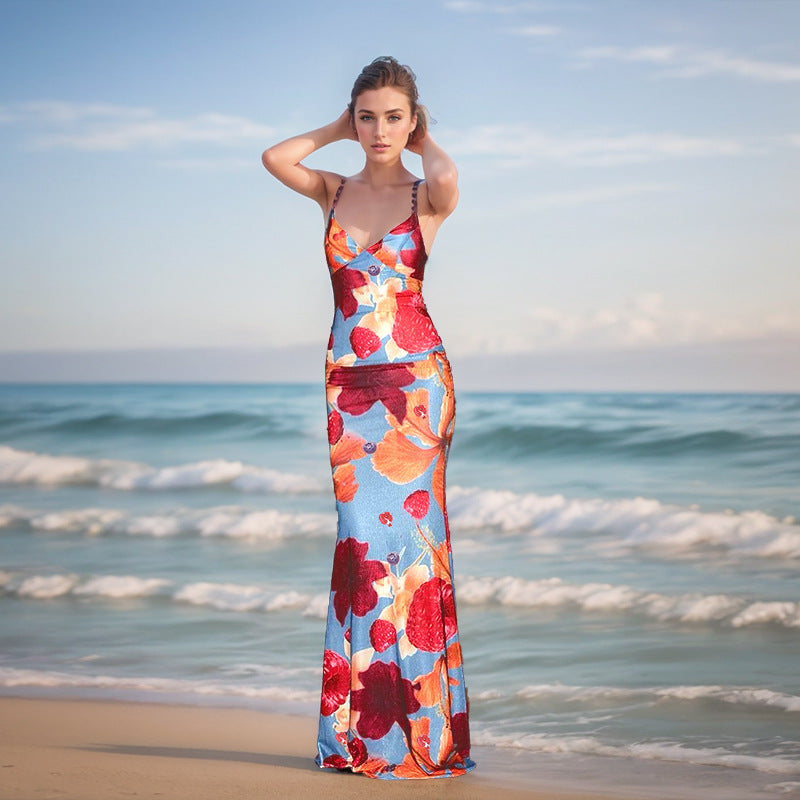 Suspender sexy backless print dress women