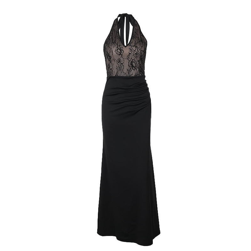 European and American temperament slim and sexy v-neck lace splicing dress