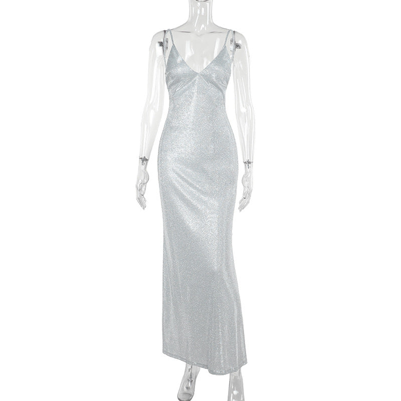 European and American temperament sexy suspender V-neck thin flash backless dress dress women