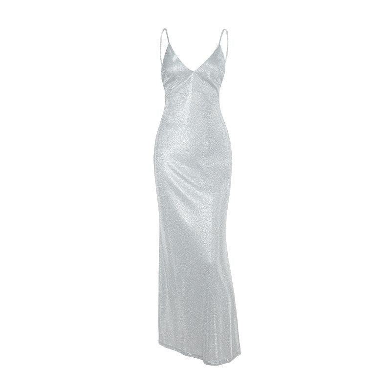 European and American temperament sexy suspender V-neck thin flash backless dress dress women