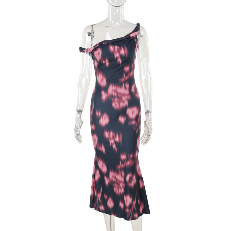 Fashion temperament Slim print kink slanted shoulder temperament Fishtail dress women