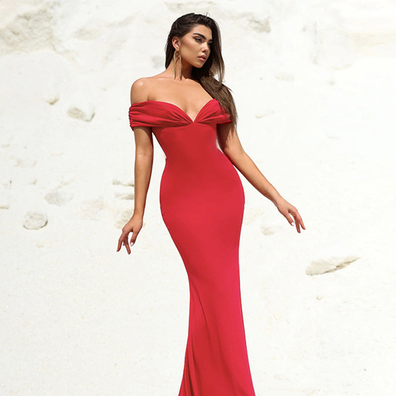 Sexy deep V-neck waist cinched mermaid dress dress