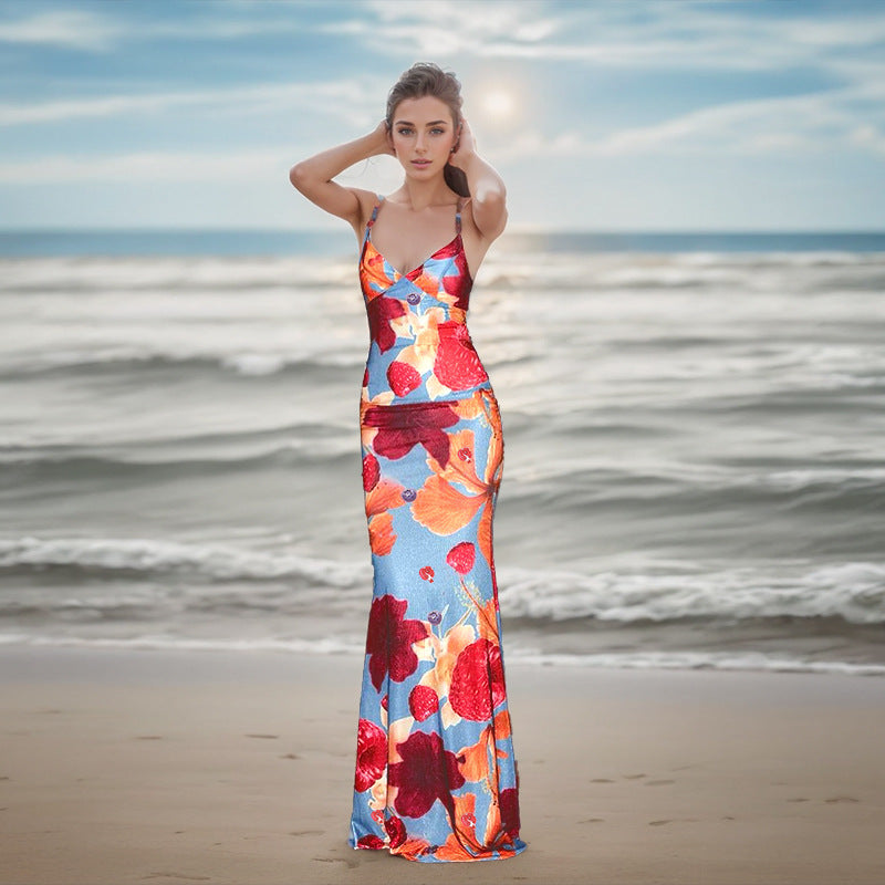 Suspender sexy backless print dress women