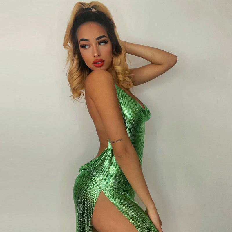 Sexy backless solid color slim split dress Amazon foreign trade women