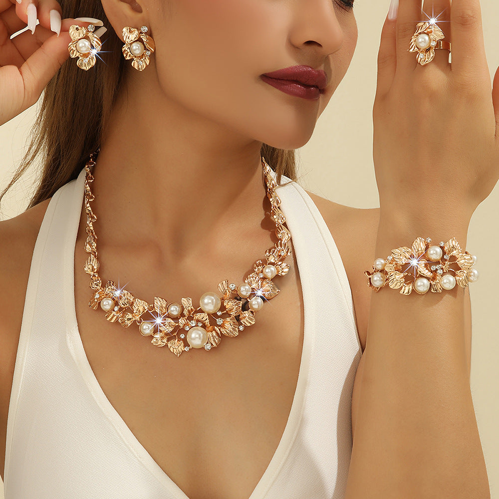 Imitation Pearl Hollow Flower Necklace Earrings Set Ladies Bridal Banquet Jewelry Set - kavyachic