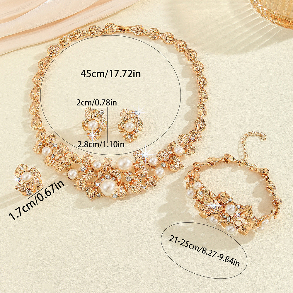 Imitation Pearl Hollow Flower Necklace Earrings Set Ladies Bridal Banquet Jewelry Set - kavyachic