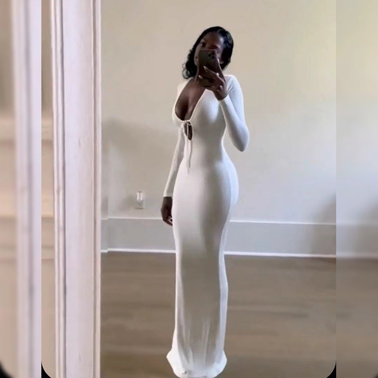 Plunging Neckline Long - Sleeve Maxi Dress: Bold Elegance