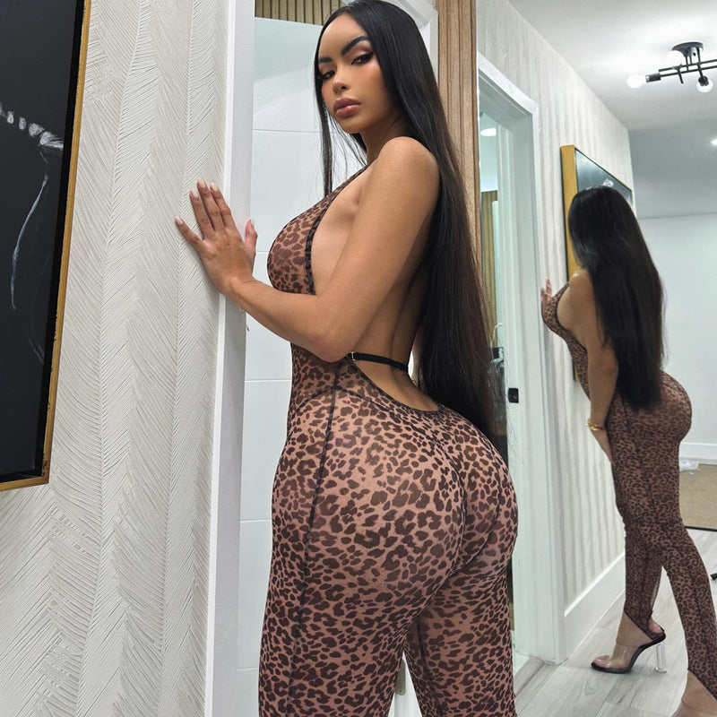 Hot-selling new leopard print sexy V-neck backless slim neck jumpsuit wholesale