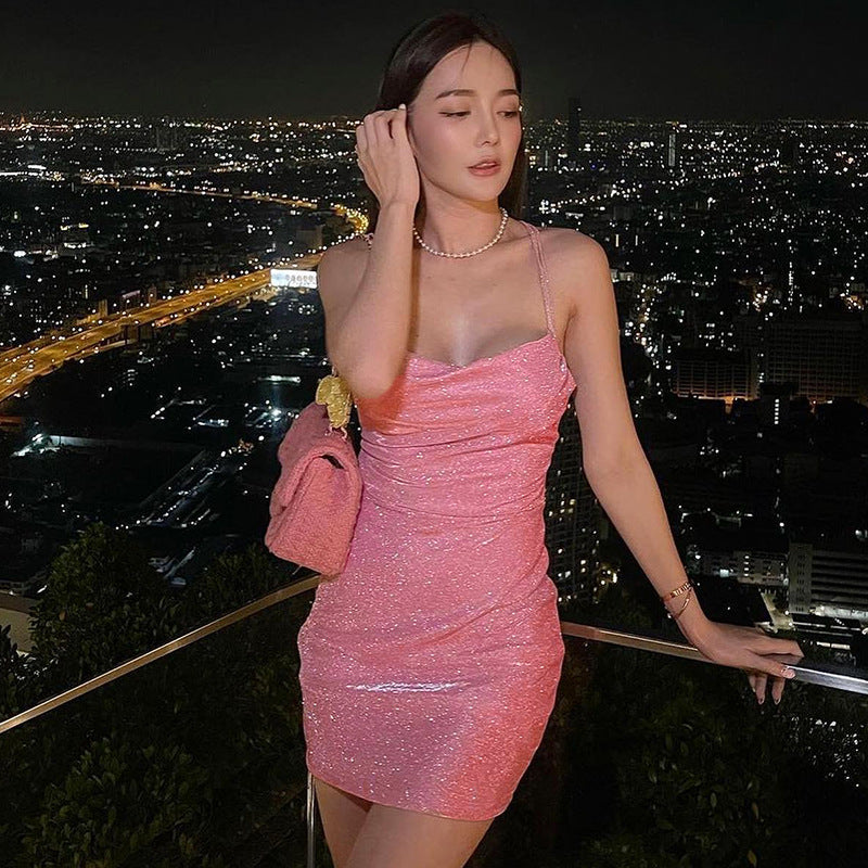 Knitted halter suspender dress fashionable and sexy short hip skirt