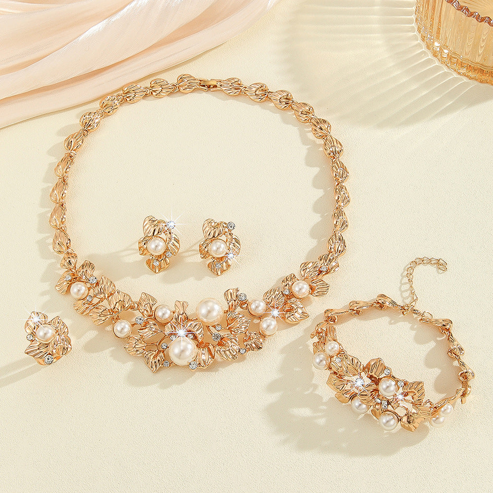Imitation Pearl Hollow Flower Necklace Earrings Set Ladies Bridal Banquet Jewelry Set - kavyachic