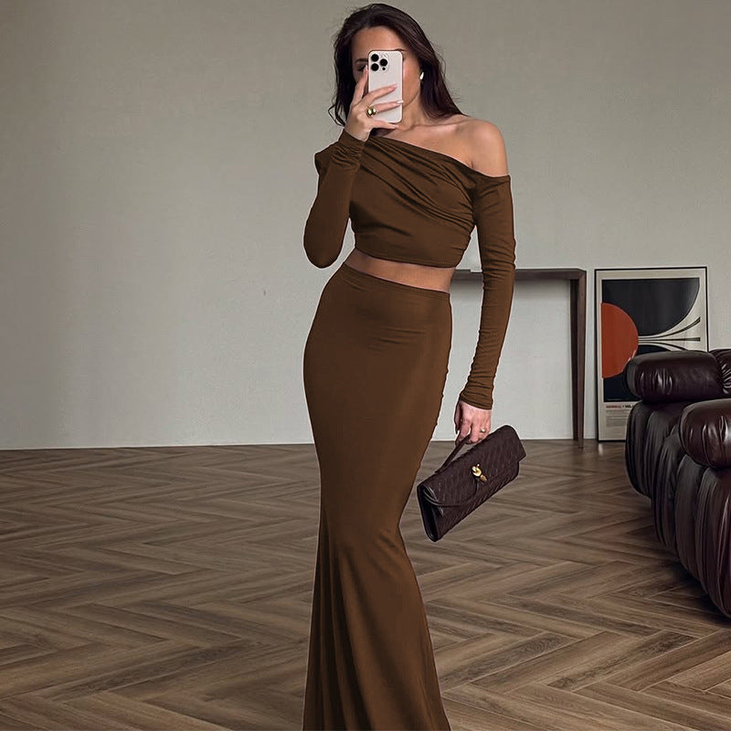Off - Shoulder Brown Two - Piece Set: Elegant Simplicity