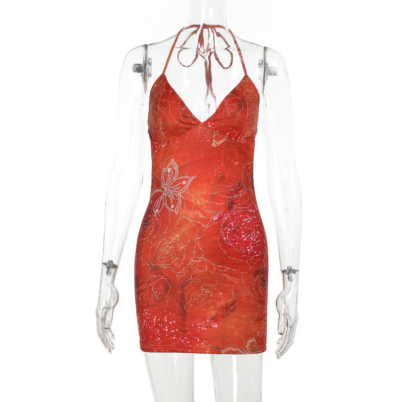 Sexy backless neck print hot diamond hip skirt