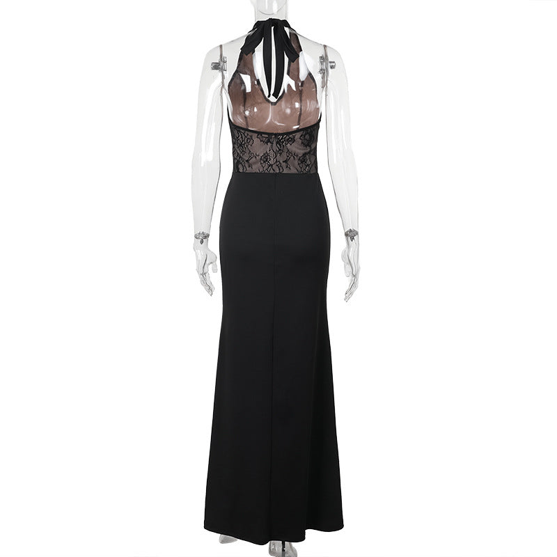 European and American temperament slim and sexy v-neck lace splicing dress