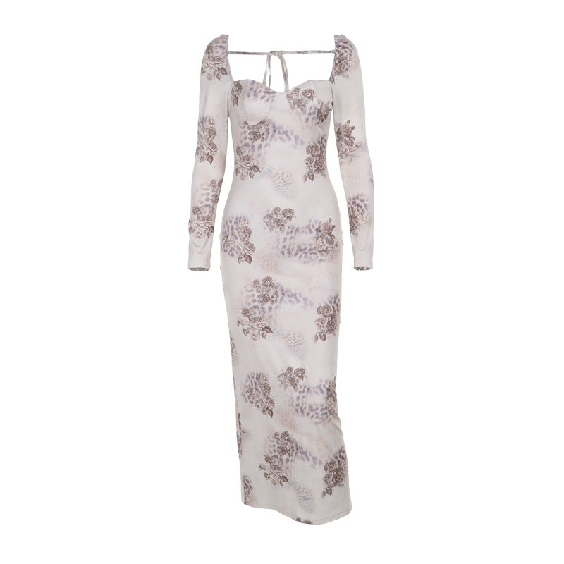 Fresh air temperament slim fit chest print long sleeve dress women