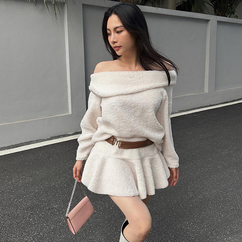 New pure desire wind one-word shoulder waist dress women ins street trendy hot girl short skirt