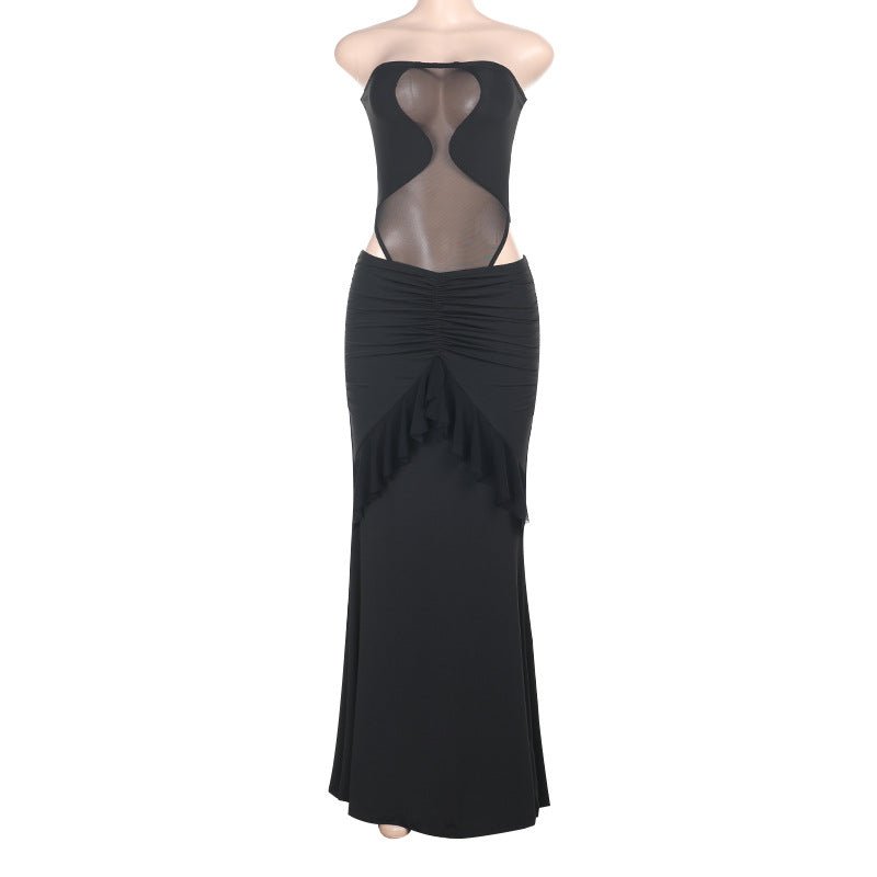 Xia's new lace-up neck empty ruffle leaf edge split tube top set