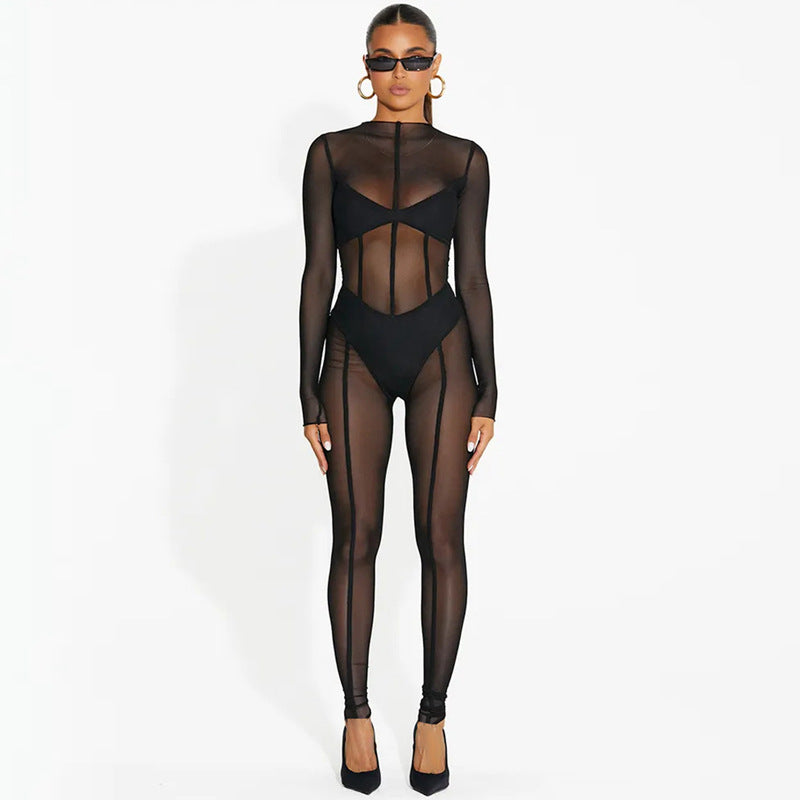Long-sleeved mesh trousers ins new women's sexy see-through jumpsuit