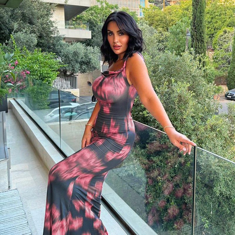 Fashion temperament Slim print kink slanted shoulder temperament Fishtail dress women