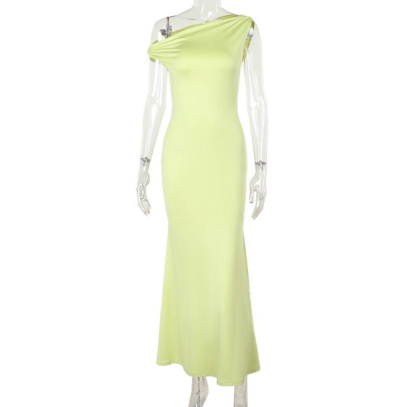 Fashion style temperament slim slanted shoulders one word shoulder fishtail pendulum dress women