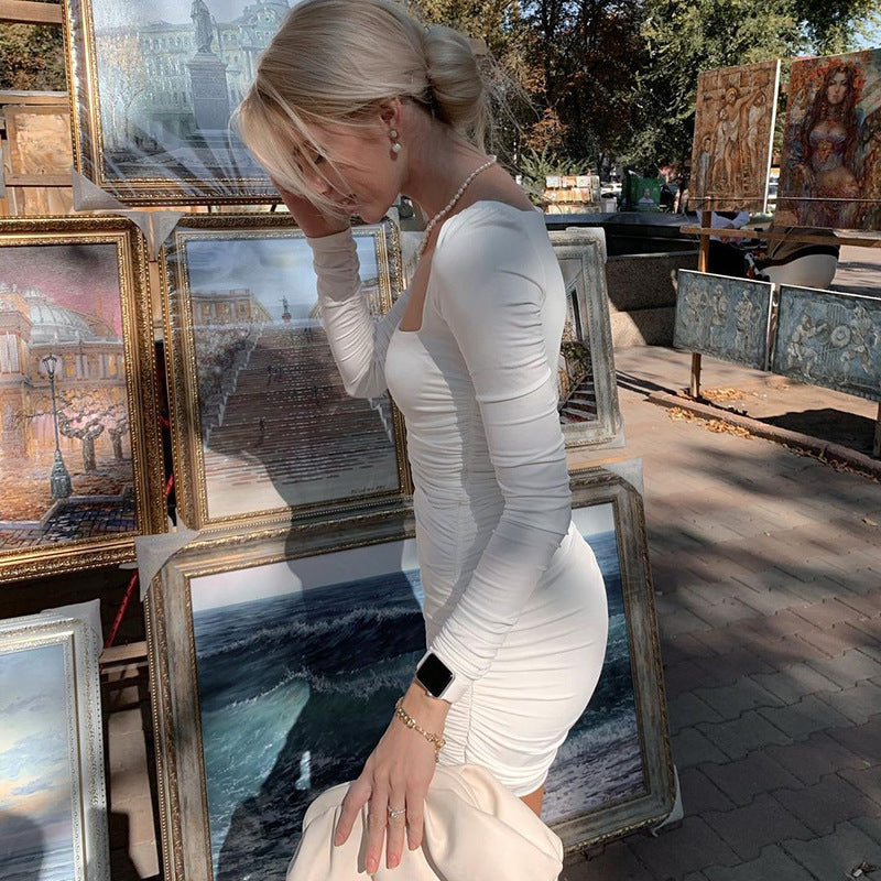 White Ruched Long - Sleeve Mini Dress: Effortless Elegance